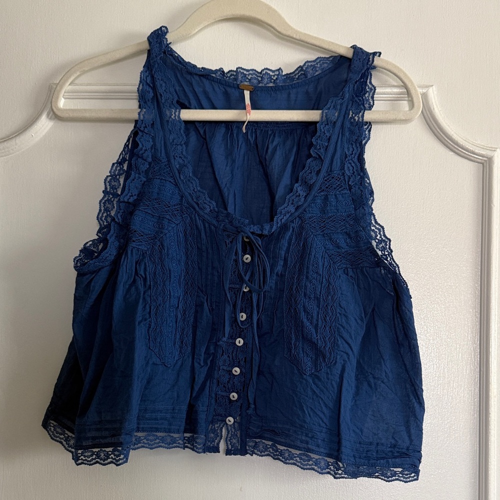 Free People Navy Lace Button-Down Blouse